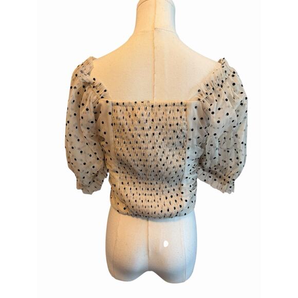 Polka Dot Sheer Mesh Ruched Puff Sleeve Beige Milkmaid Coquette Babydool Size 6 - Picture 3 of 10